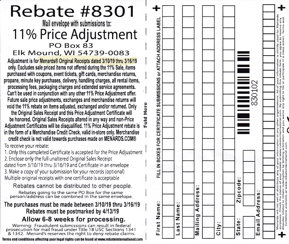 Menards 11 Price Adjustment Rebate 8301 Purchases 3 10 Printable Form 