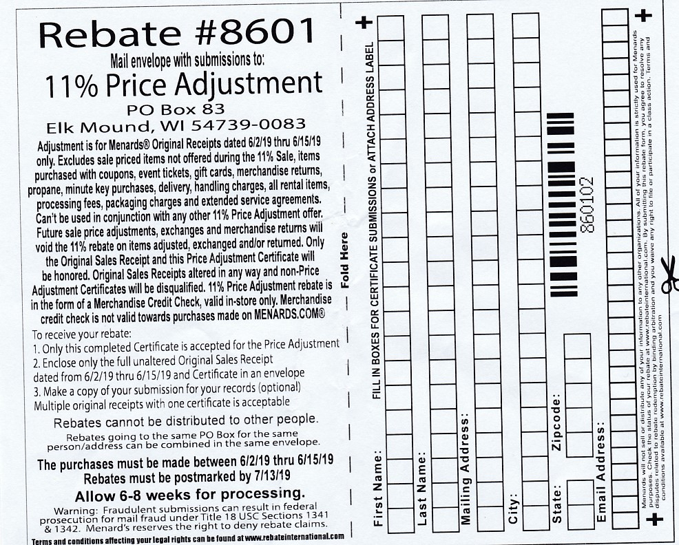 Menards 11 Price Adjustment Rebate 8601 Purchases 6 2 19 6 15 19