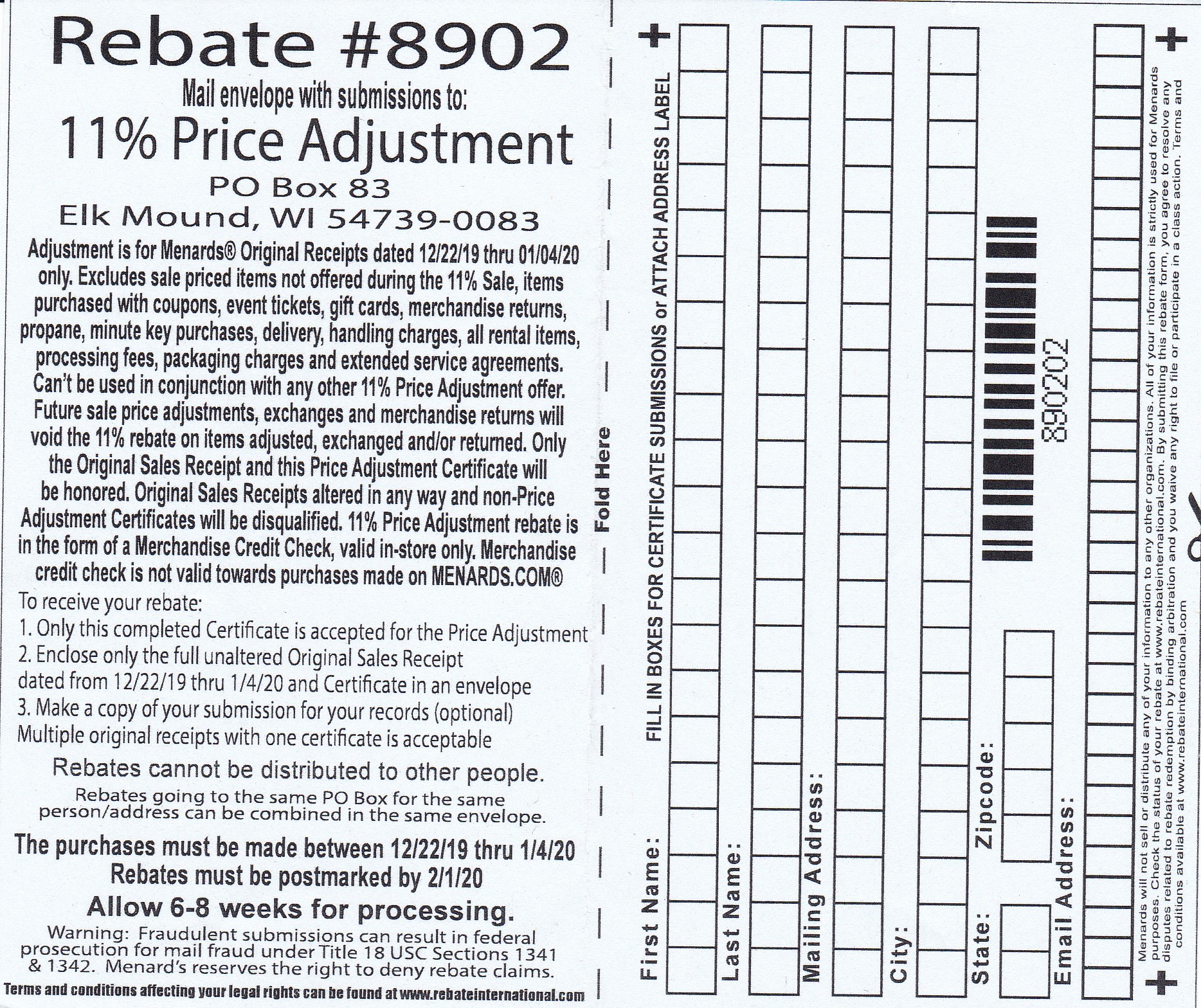 Menards 11 Price Adjustment Rebate 8902 Purchases 12 22 19 1 4 20