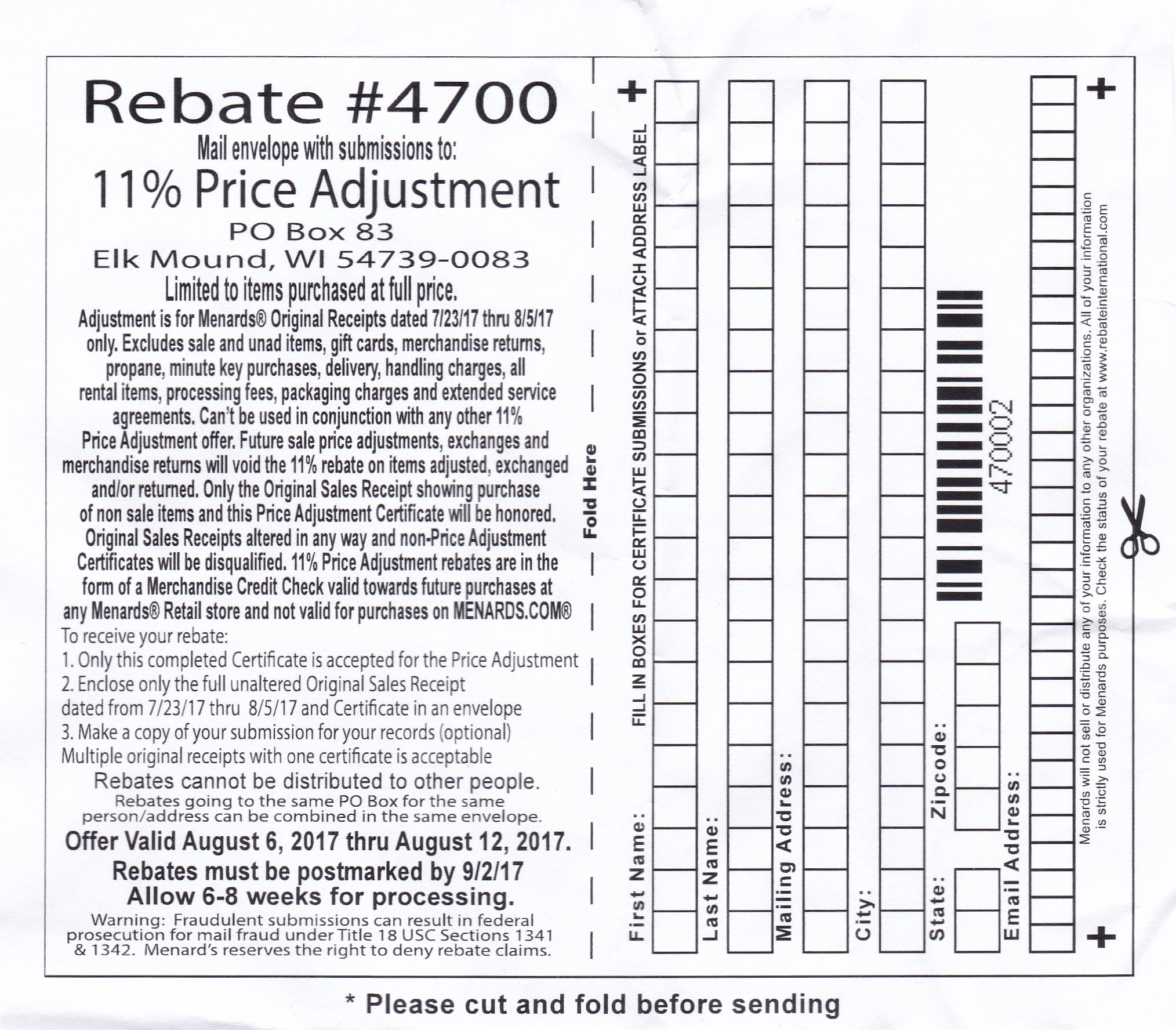 Menards 11 Price Adjustment Rebate Purchases 7 23 8 5