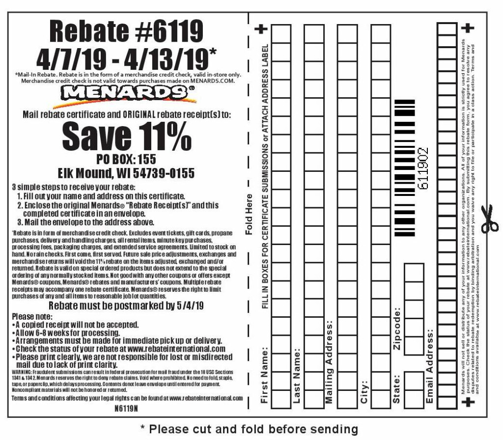 Menards 11 Rebate 6119 Purchases 4 7 19 4 13 19