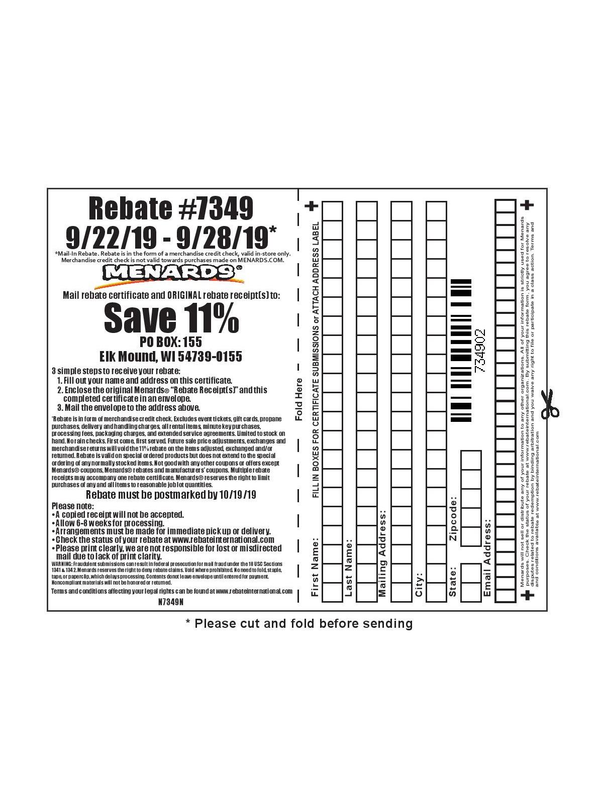 Menards 11 Rebate 7349 Purchases 9 22 19 9 28 19