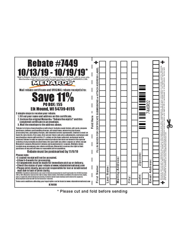 Menards 11 Rebate 7449 Purchases 10 13 19 10 19 19