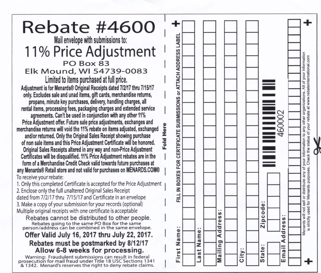 Menards Price Adjustment Rebate Form November 2021 Printable