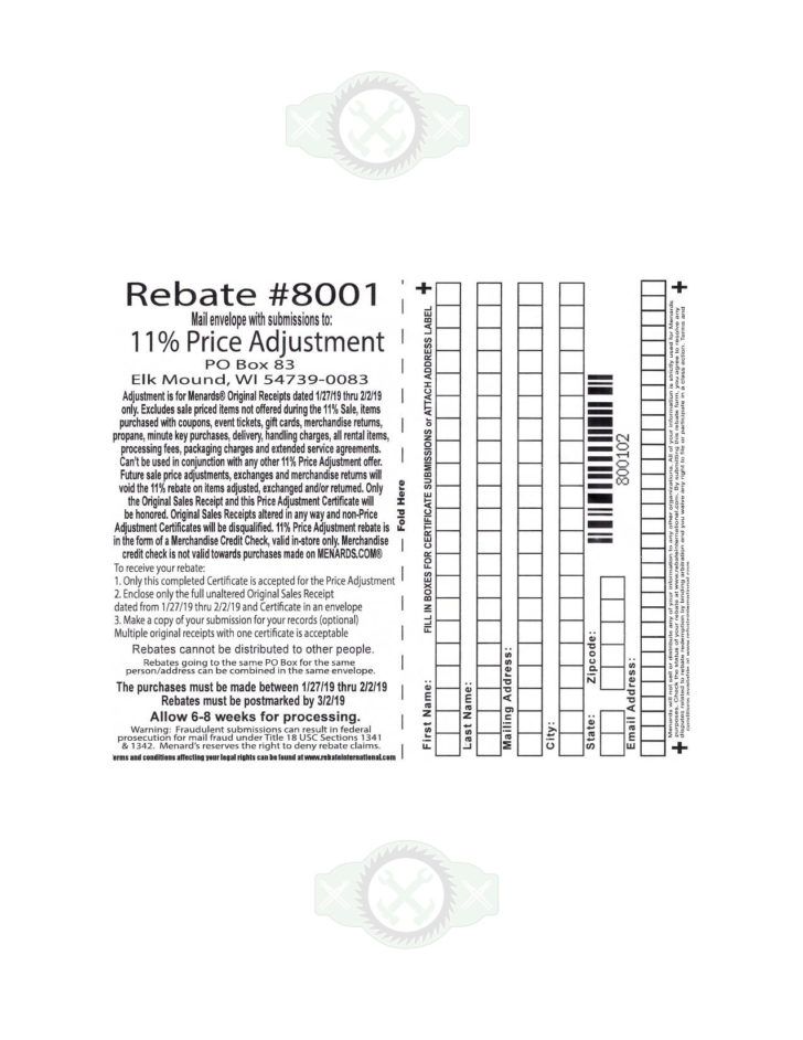 Menards 11 Price Adjustment Rebate 8001 Purchases 1 27 Printable 