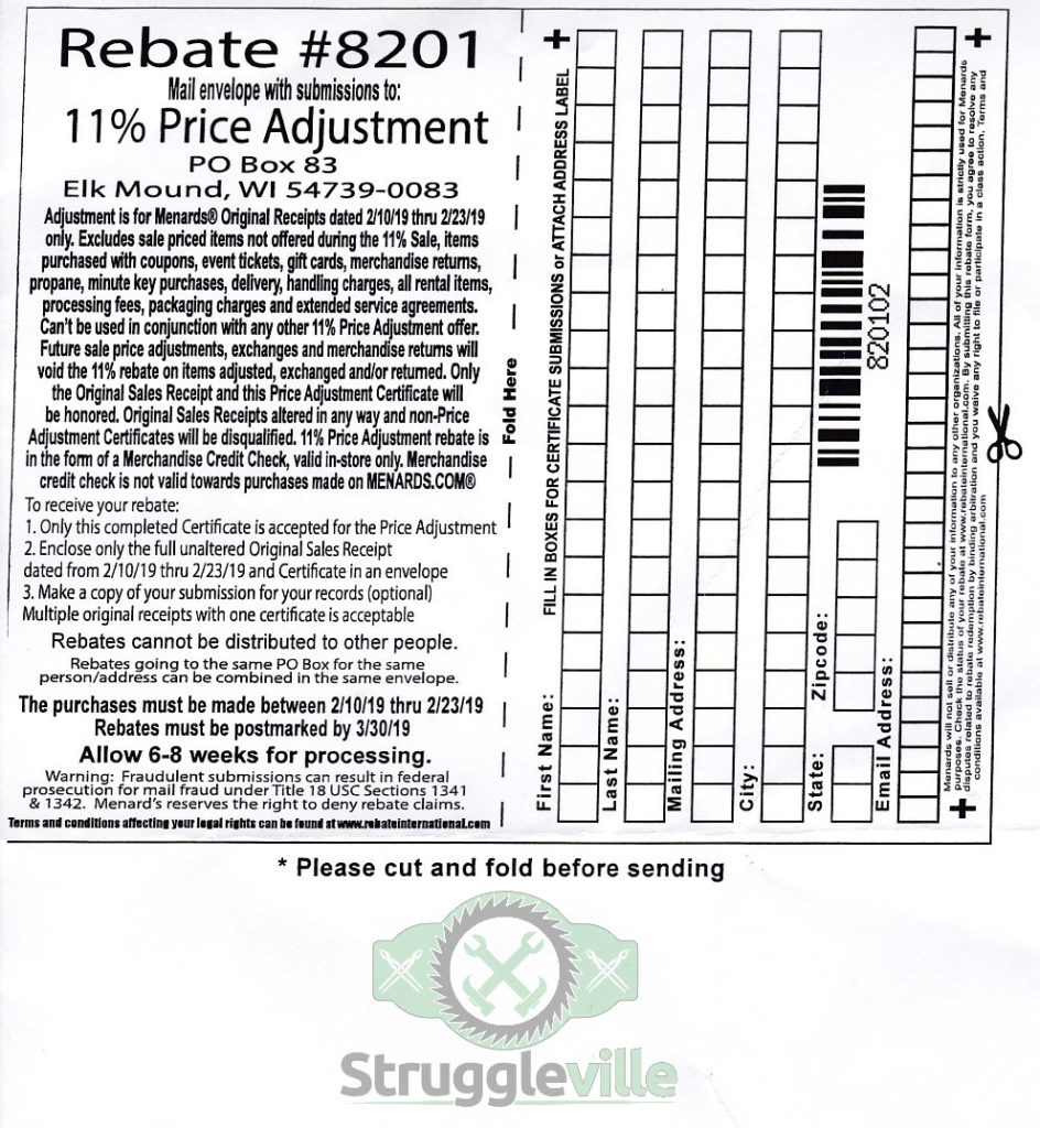 Menards 11 Price Adjustment Rebate 8201 Purchases 2 10 Printable