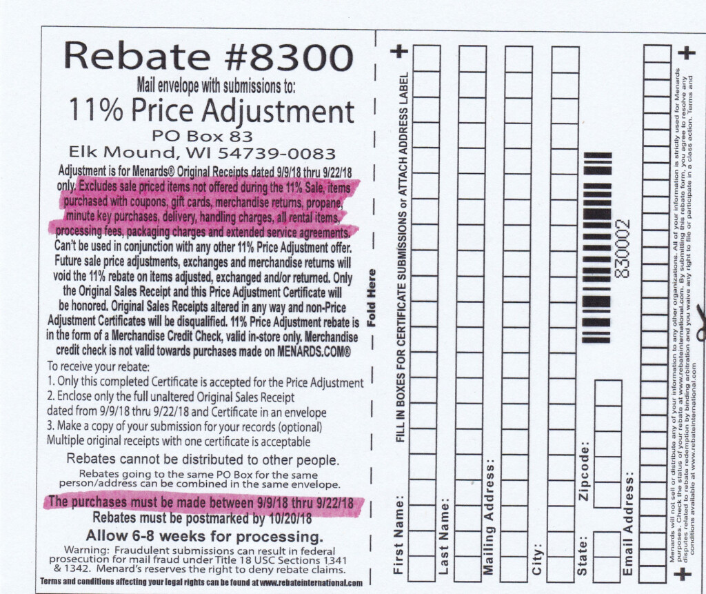 Menards 11 Price Adjustment Rebate 8300 Purchases 9 9 18 9 22 18 