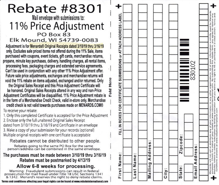 Menards 11 Price Adjustment Rebate 8301 Purchases 3 10 Printable Form