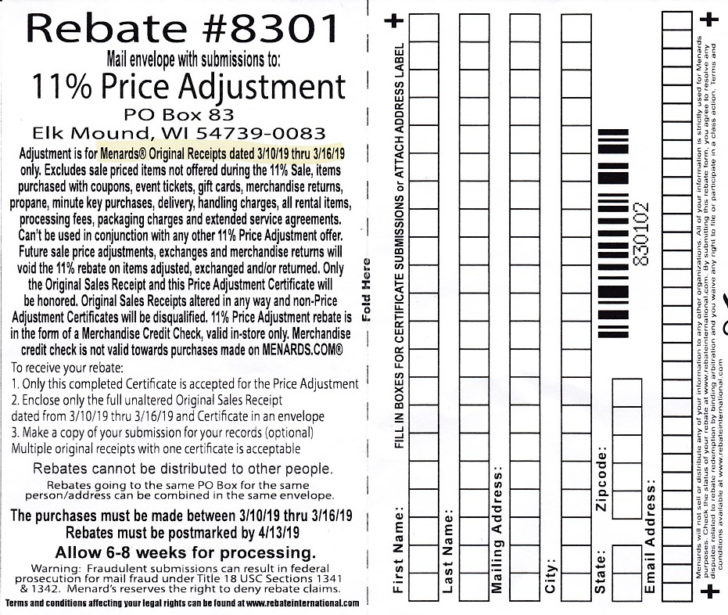 Menards 11 Price Adjustment Rebate 8301 Purchases 3 10 Printable 