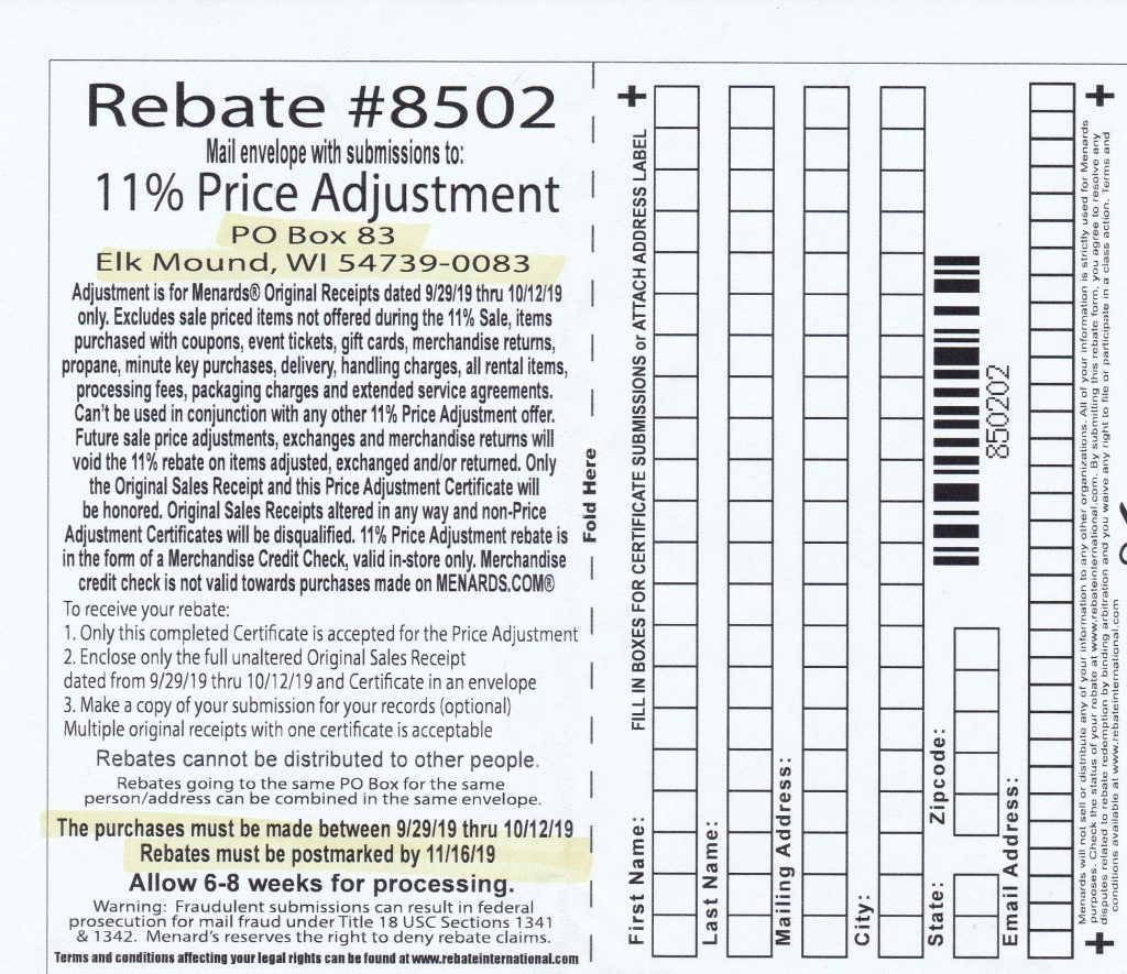 Menards 11 Price Adjustment Rebate 8502 Purchases 9 29 19 10 12 19 