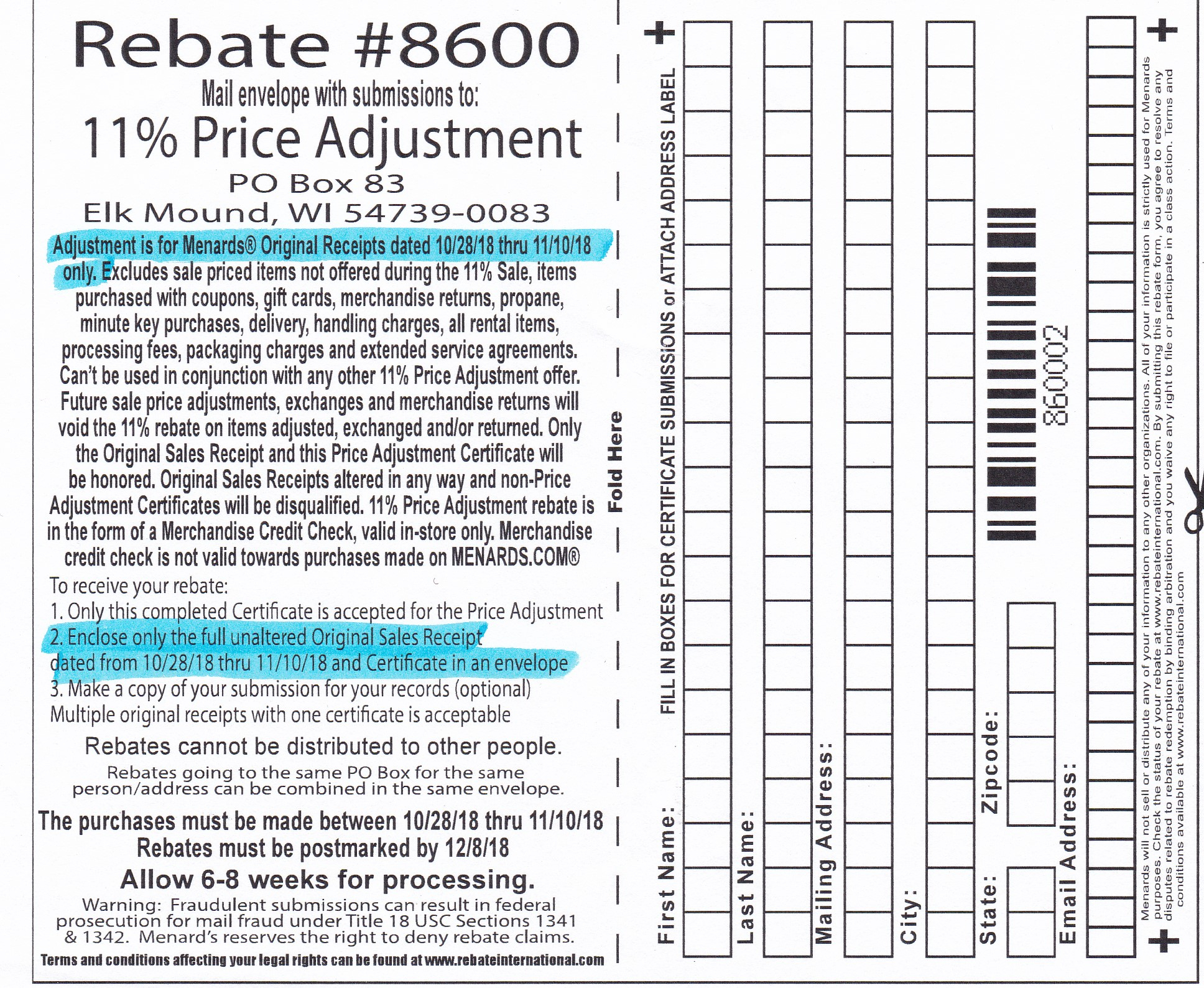 Menards 11 Price Adjustment Rebate 8600 Purchases 10 28 18 11 10 18