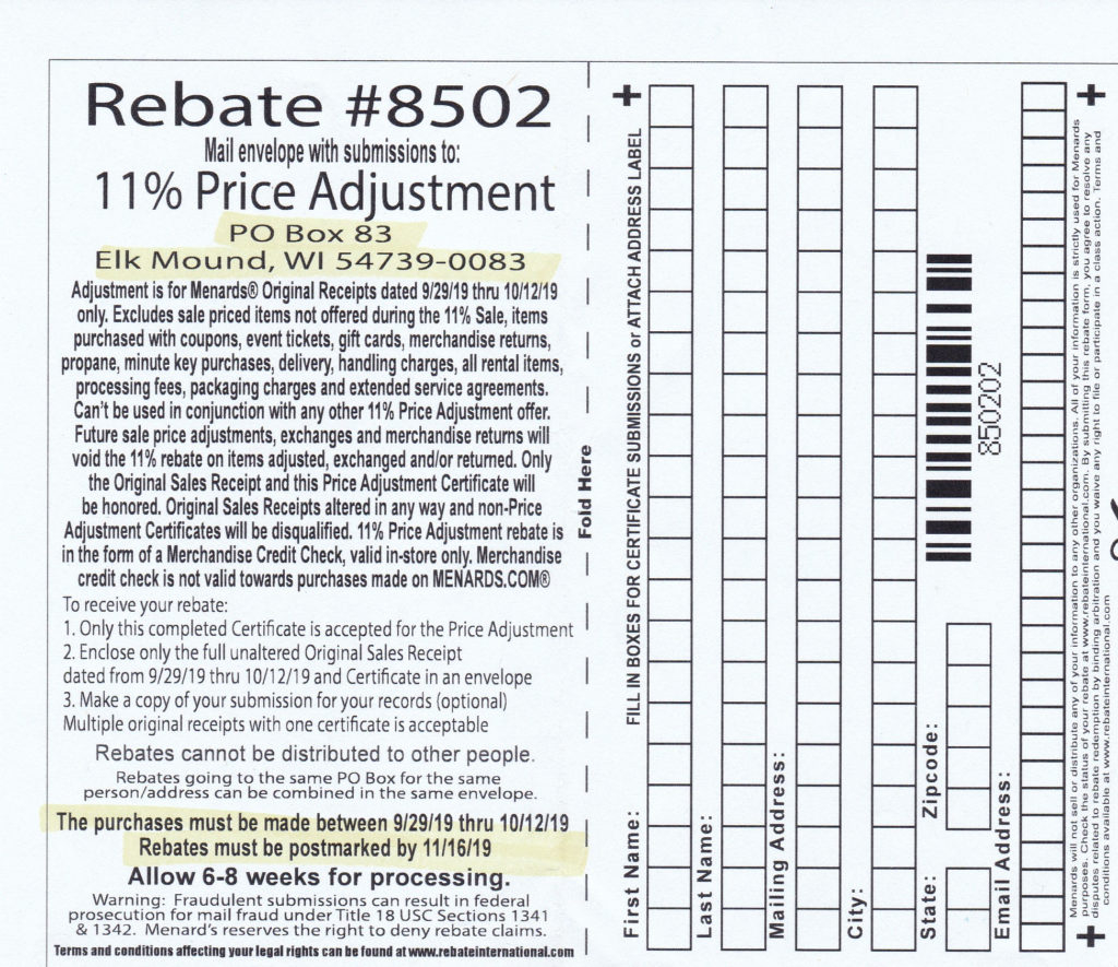 Menards 11 Price Adjustment Rebate Form November 2021 Printable 