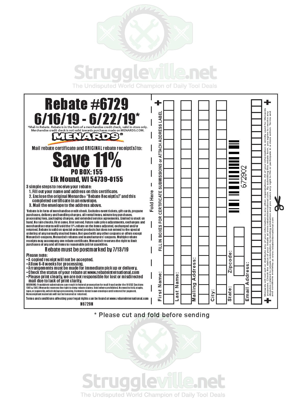 Menards 11 Rebate 6729 Purchases 6 16 19 6 22 19