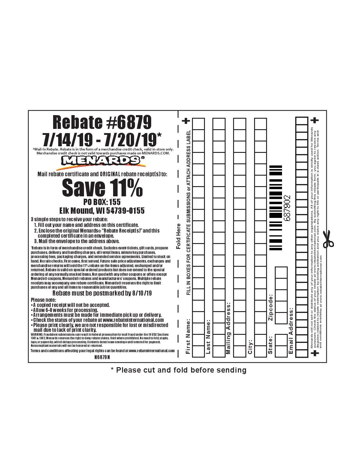 Menards 11 Rebate 6879 Purchases 7 14 19 7 20 19