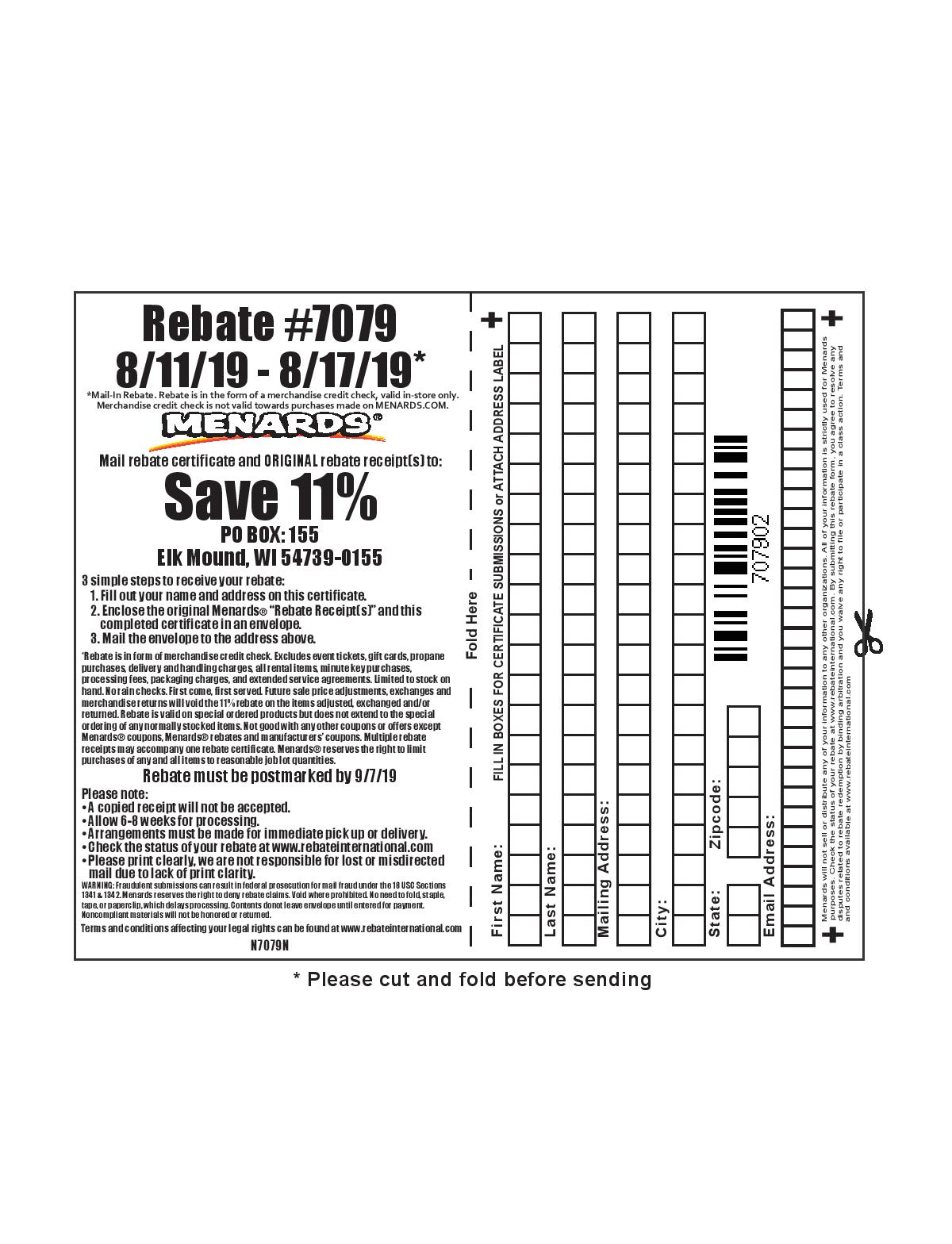 Menards 11 Rebate 7079 Purchases 8 11 19 8 17 19